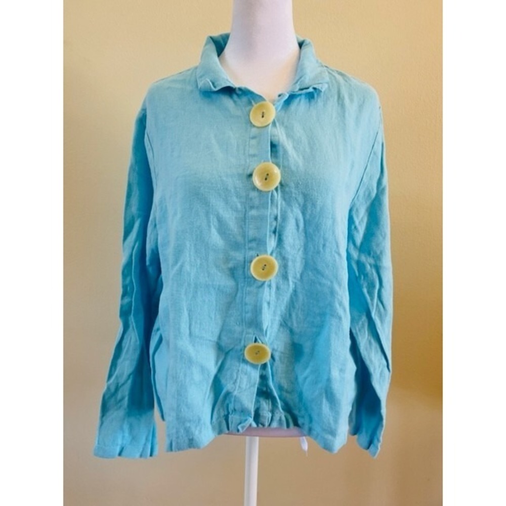 Willow Womens Blue Linen Button Up Blouse Jacket‎ Lagenlook Boho Beach Coastal L